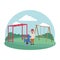 Kids zone, boy waving hand with spring horse and swing playground