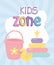 Kids zone, bucket rubber duck and puzzles tower toys sunburst background