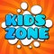 Kids zone card. Colorful cartoon words on funny background vector design of logo for child playroom