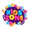Kids zone - colorful game playground sign with candy, stars and flags.