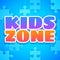 Kids zone. Colorful playing park, playroom or game area logo. Playground for children purple and orange emblem with blue