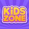 Kids zone. Colorful playroom, playing park or game area logo. Playground for children purple emblem with text. Vector