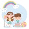 Kids zone, cute little boy and girl drum ball and horse toys