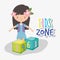 Kids zone, cute little girl with flowers in hair and blocks toys