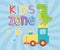 Kids zone, green dinosaur and plastic train toys