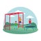 Kids zone, happy girl jump trampoline and boys playing monkey bars playground