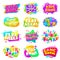 Kids zone labels. Fun kid game logo, sports party gaming sign. Play room children entertainment banner, playground