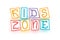 Kids Zone logo template. Cartoon colorful letters drawn by a child finger placed in children play cubes for little ones