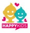 Kids zone logo template of child palm hands smiling face smiles and letters.