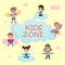 Kids Zone Placard with Fluffy Cloud and Funny Children Playing Plane and Dreaming Vector Template