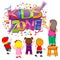 The kids zone text with the children creating it