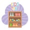 Kids zone, wooden shelf furniture with toys