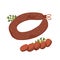 Kielbasa sausage. Meat delicatessen on white background. Slices of typical polish U-shaped smoked sausage. Simple flat