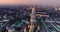 Kiev city center in morning lights. Dnipro river and Sophia Cathedral of Kiev, Ukraine. Aerial drone shot.