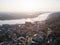 Kiev Kiyv Ukraine historical center panaramic aerial view. Down town and river Dnepr Dnipro