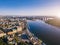 KIev Kyiv Ukrain. River Dnipro Dnepr . Aerial drone photo from above. Beautiful sunrise
