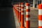 Kiev. Ukraine - 06,12,2019 A barrier made of plastic columns with reflective pigment on an asphalt road. Pillars dividing opposite