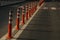 Kiev. Ukraine - 06,12,2019 A barrier made of plastic columns with reflective pigment on an asphalt road. Pillars dividing opposite