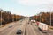 Kiev, Ukraine - April 21, 2020: Freeway. Cars are driving along the road. Two-way traffic