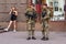 Kiev, Ukraine - August 18, 2018: Military fully equipped on the street of the city