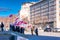 Kiev, Ukraine - February 13, 2022:A group of people with flags of Belarus in Kyiv on Khreshchatyk