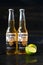 Kiev Ukraine, January 01, 2020, the famous brand of alcohol beer Corona in a bottle with lime for advertising