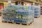 Kiev, Ukraine. July 15 2018. pallets with mineral water in the store. The best protection against heat is water