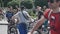 Kiev/Ukraine-June,1 2019 Mountain bikers talking and smiling. Close-up of young attractive cyclists. Cycling parade in Kyiv