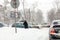 Kiev, Ukraine - March 1, 2018. Heavy snowfalls , frost and blizzard in Eastern Europe. Traffic jam. Abnormal frost and weather at