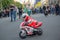 Kiev, Ukraine - May 01, 2016: Little driver demonstrates management skills motorcycle on Khreschatyk Street