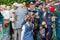 Kiev, Ukraine - May 9, 2016: Girl gives flowers to the veterans of the Great Patriotic War