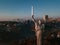 Kiev Ukraine the most popular tourist places to visit The Motherland Monument. Aerial drone photo of huge steel statue