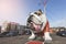 KIEV, UKRAINE - November 05, 2019: a unique statue in the form of a giant bulldog is installed on the street in Kiev. Unusual monu