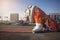 KIEV, UKRAINE - November 05, 2019: a unique statue in the form of a giant bulldog is installed on the street in Kiev. Unusual monu