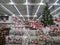 KIEV, UKRAINE - November 2019. Shopping center with rows of shelves with Christmas glass toys and balls