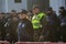 Kiev, Ukraine - October 18, 2018: Police woman standing in cordon guarding the parliament