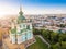 Kiev Ukraine St Andrew`s Church . View from above. aerial photo. Kiev attractions.