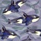 Killer whale, Orca, hand painted watercolor illustration, seamless pattern on blue, gray ocean surface with waves