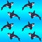 Killer whales on a blue gradient background - vector seamless marine pattern. Swimming orca seamless pattern with marine mammals.