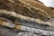 Kilve beach near East Quantoxhead in Somerset, England. The huge exposed layers of rock date back to the Jurassic era and are a