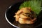 Kimchi set against a dark wooden background