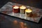 kinara on a contemporary, marbled surface with candles lit