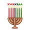 Kinara, seven burning candles, red black green. Text Kwanzaa, African-American holiday. Hand drawn watercolor