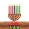 Kinara, seven burning candles, red black green. Wooden table, mat, tablecloth with ornament. Kwanzaa African-American