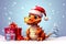 Kind dragon celebrate Christmas holidays in red Santa hat