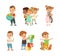 Kind and Fair Little Girl and Boy Character Protecting Weak and Building True Word of Toy Blocks Vector Illustration Set