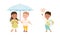 Kind Little Boy Sharing Umbrella with Girl and with Globe Saving Planet Vector Set