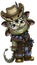 Kind little monster, cute smiling cowboy in a hat with a horns and small feather, funny eared troll with fangs and tail in a vest