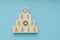 Kind and professional leader or manager control and deployment concept, face of smile wood block on top of businessman step icon