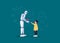 A kind robot gives a gift to a little boy. The friendship of a robot and a child. The concept of artificial intelligence. Vector